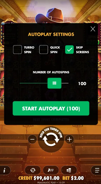 Autoplay configuration panel with spin count selection and stop conditions