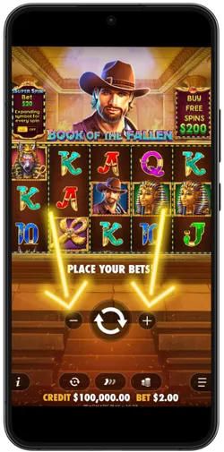 Book of Fallen bet adjustment panel with plus minus buttons and stake display