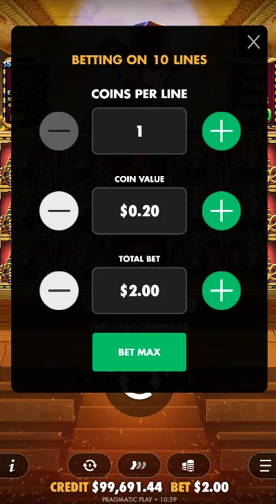 Book of Fallen betting panel showing stake options from minimum to maximum bet range