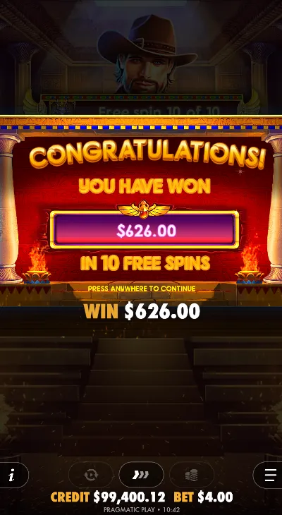 Free spins summary showing total wins collected during bonus feature round