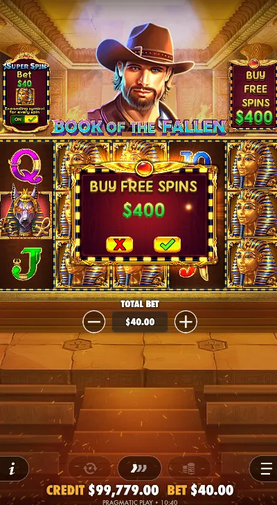 Buy Free Spins popup showing 100x bet cost to trigger bonus round instantly