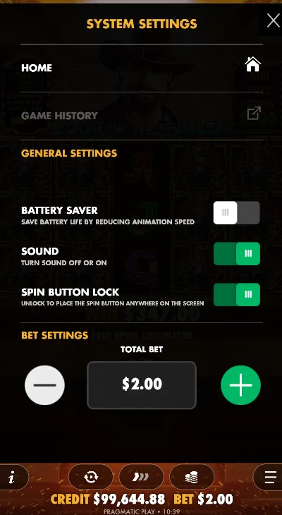 Settings menu with sound controls ambient toggle and game history options