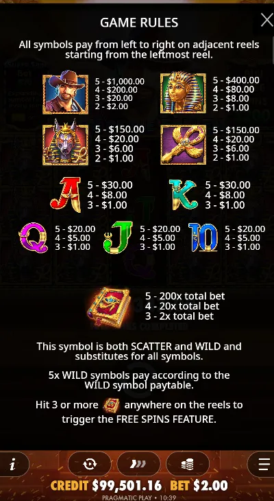 Paytable screen displaying all Egyptian symbols with payout values and combinations