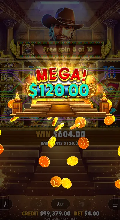Mega Win celebration screen with golden coins and large payout amount displayed