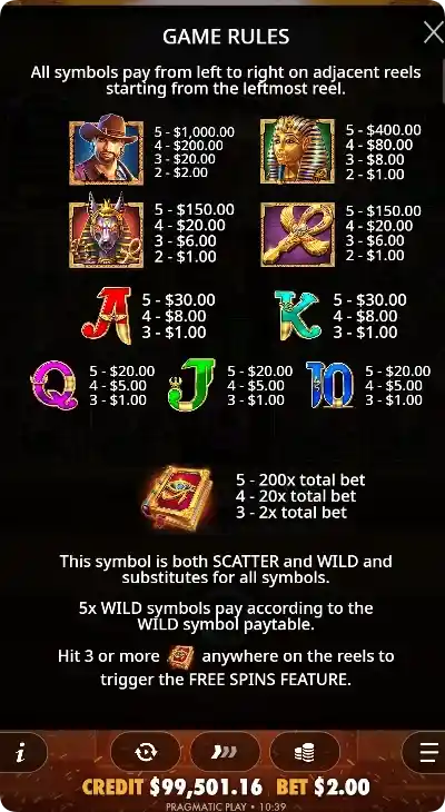 Book of Fallen paytable symbols